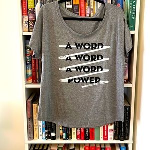 Out of Print relaxed fit tshirt, grey with black and white lettering, size large